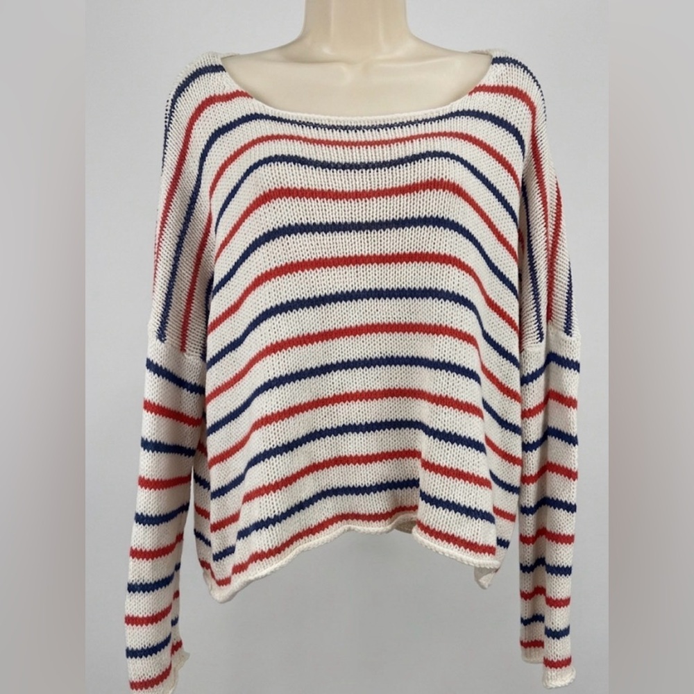 Wooden Ships White Sweater Blue Red Stripes Coastal Nautical Size S/M - EUC